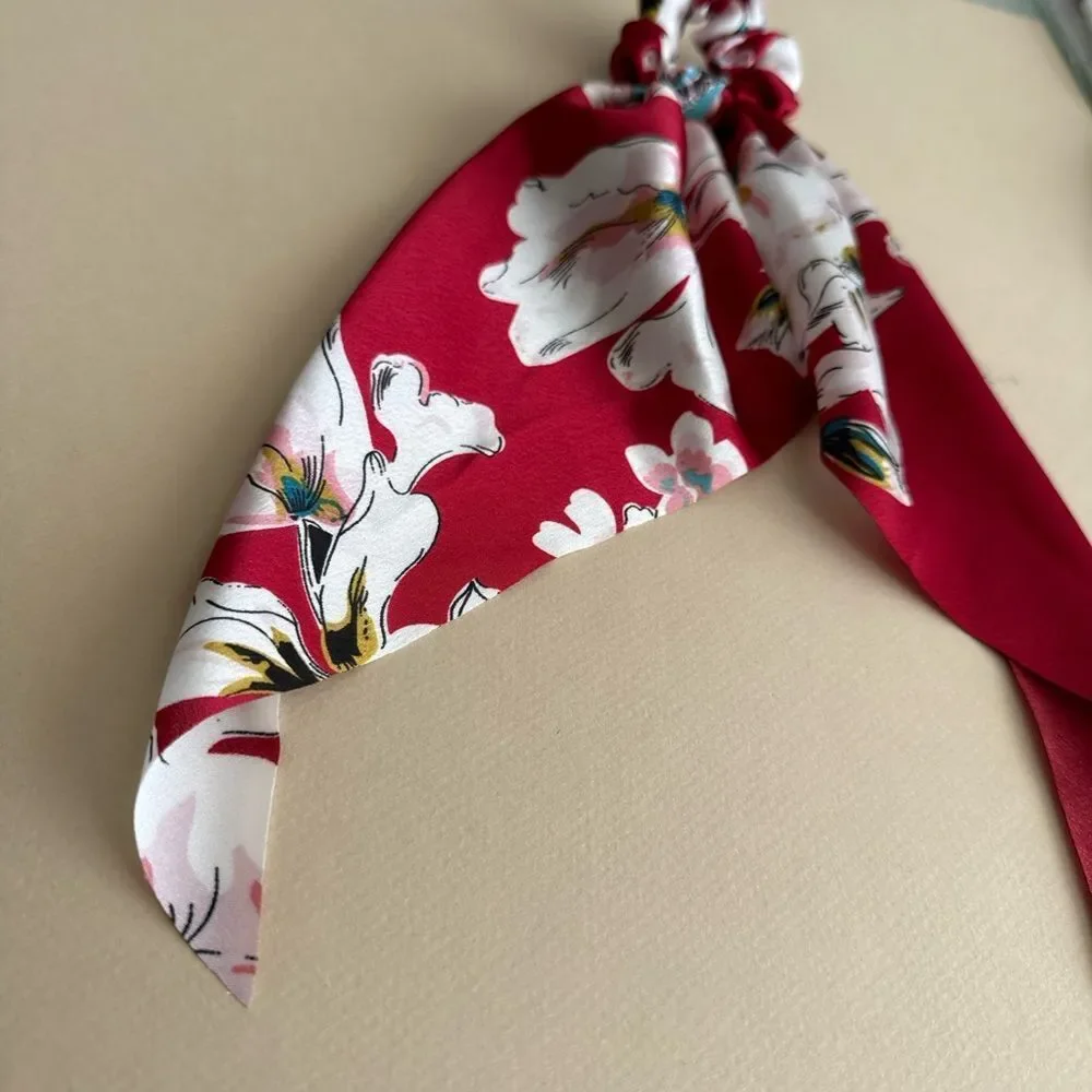 Red Floral Scarf Scrunchie K59